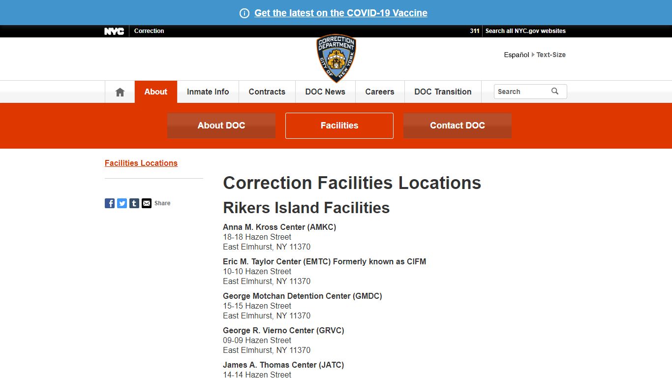 DOC Facility Addresses - New York City